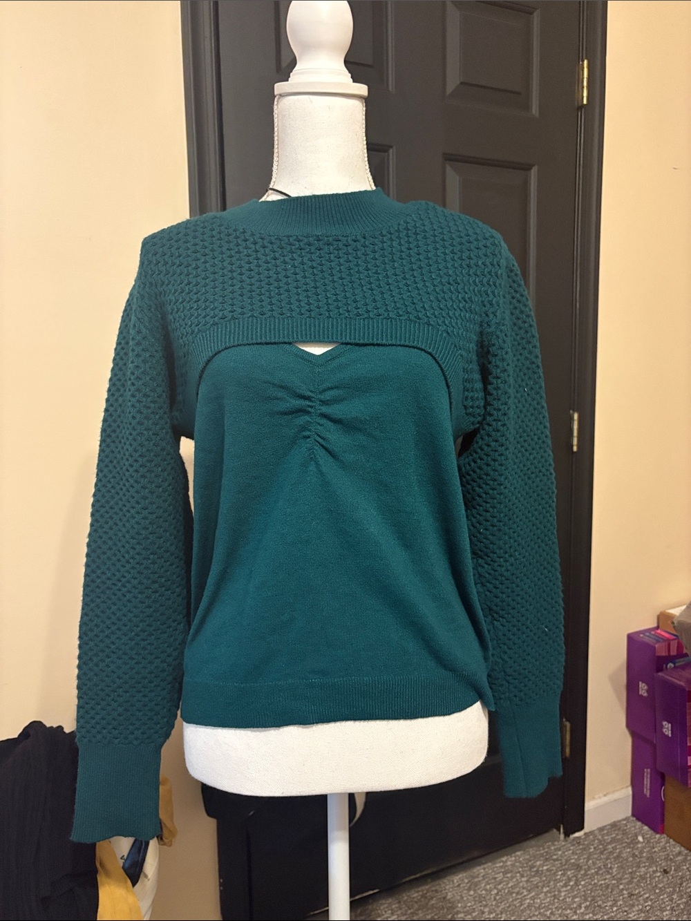 Women’s Teal Knit Pullover Sweater - Layered Texture